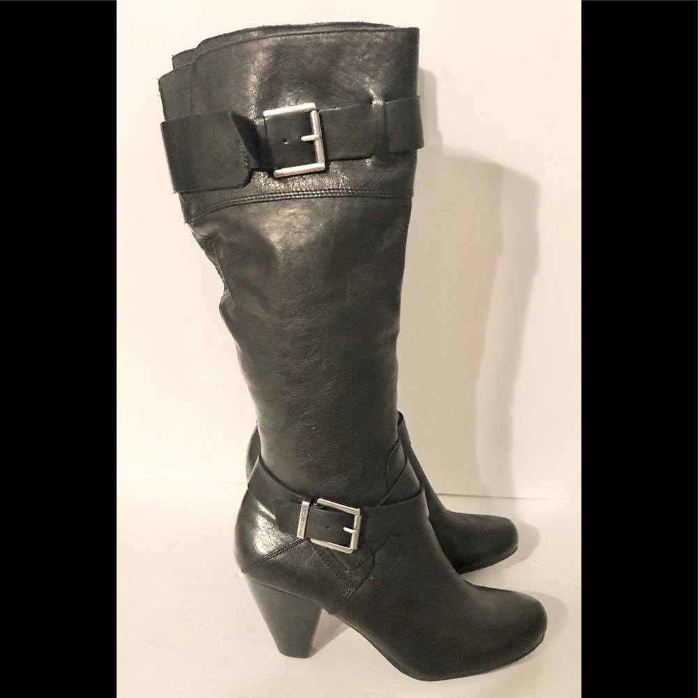 Arturo Chiang Black leather knee-high buckle boots